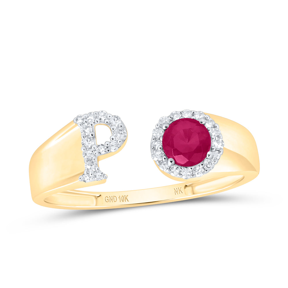 10kt Yellow Or Rose Gold Natural Diamond 4 Mm Round Ruby Synthetic Initial Ladies Wedding Engagement Anniversary Ring