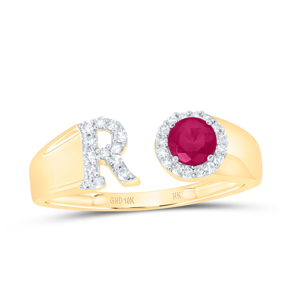 10kt Yellow Or Rose Gold Natural Diamond 4 Mm Round Ruby Synthetic Initial Ladies Wedding Engagement Anniversary Ring