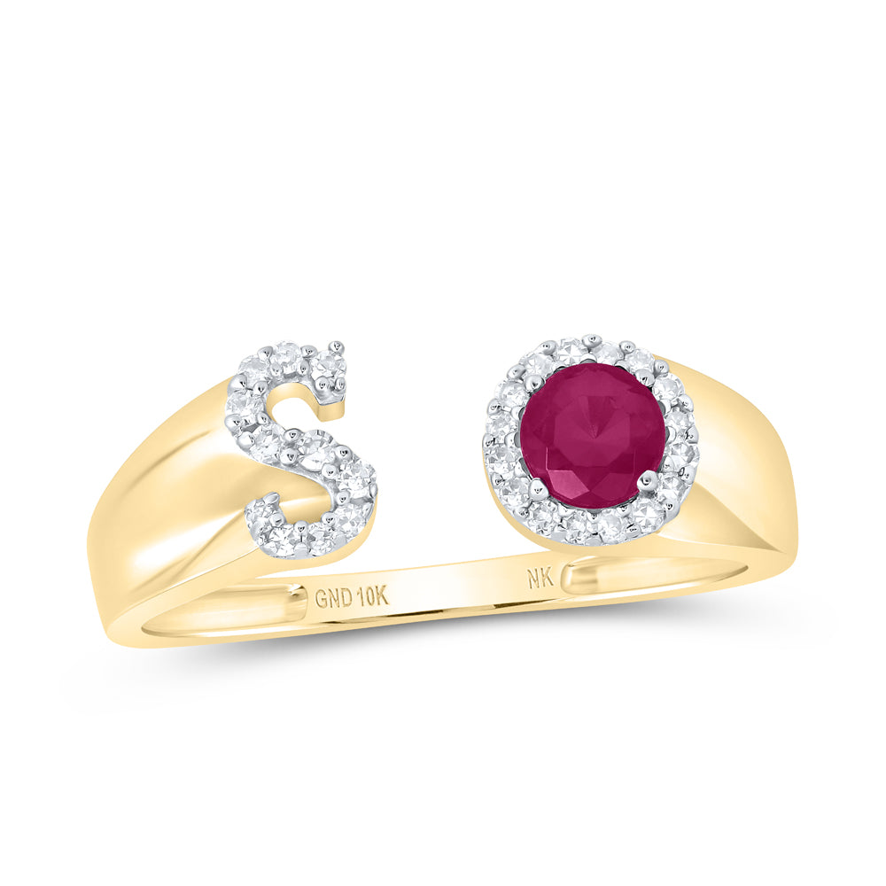 10kt Yellow Or Rose Gold Natural Diamond 4 Mm Round Ruby Synthetic Initial Ladies Wedding Engagement Anniversary Ring