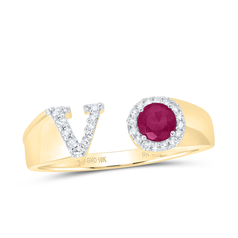 10kt Yellow Or Rose Gold Natural Diamond 4 Mm Round Ruby Synthetic Initial Ladies Wedding Engagement Anniversary Ring