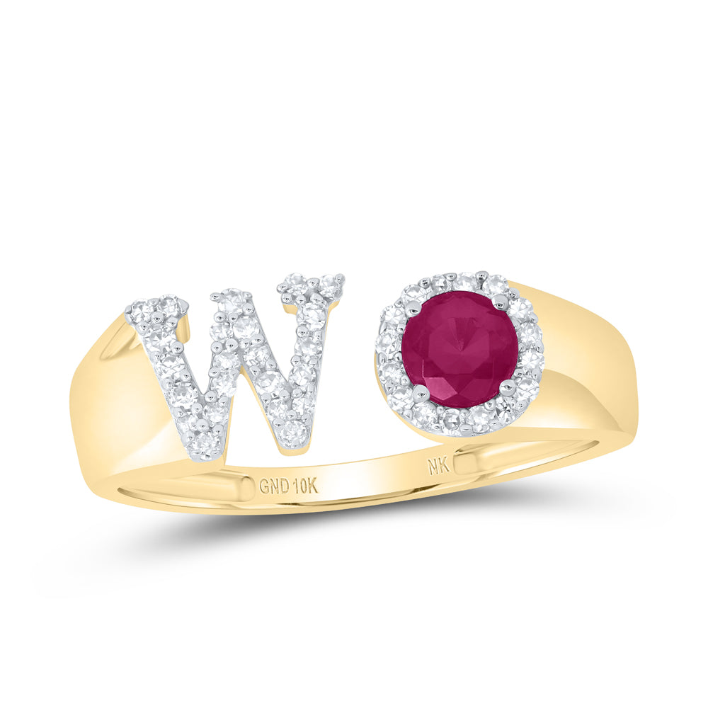 10kt Yellow Or Rose Gold Natural Diamond 4 Mm Round Ruby Synthetic Initial Ladies Wedding Engagement Anniversary Ring