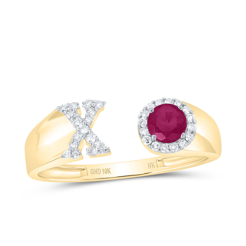 10kt Yellow Or Rose Gold Natural Diamond 4 Mm Round Ruby Synthetic Initial Ladies Wedding Engagement Anniversary Ring