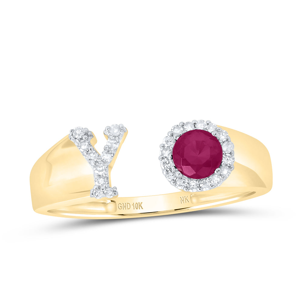 10kt Yellow Or Rose Gold Natural Diamond 4 Mm Round Ruby Synthetic Initial Ladies Wedding Engagement Anniversary Ring