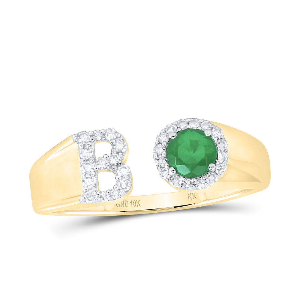 10kt Yellow Gold Natural Diamond 4 Mm Round Emerald Synthetic Initial Ladies Wedding Engagement Anniversary Ring