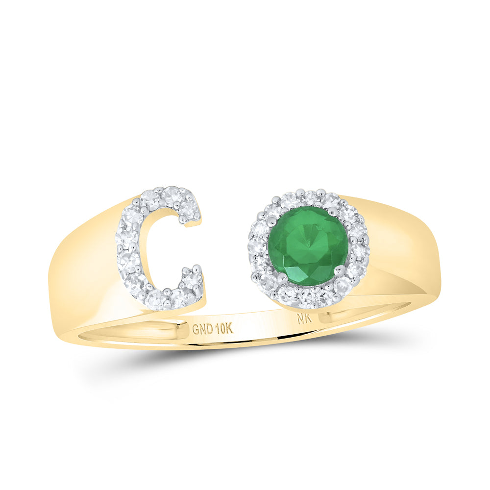10kt Yellow Gold Natural Diamond 4 Mm Round Emerald Synthetic Initial Ladies Wedding Engagement Anniversary Ring