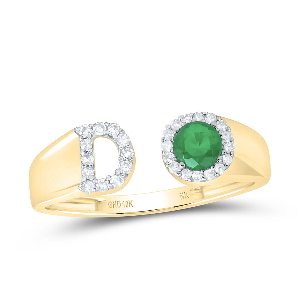 10kt Yellow Gold Natural Diamond 4 Mm Round Emerald Synthetic Initial Ladies Wedding Engagement Anniversary Ring