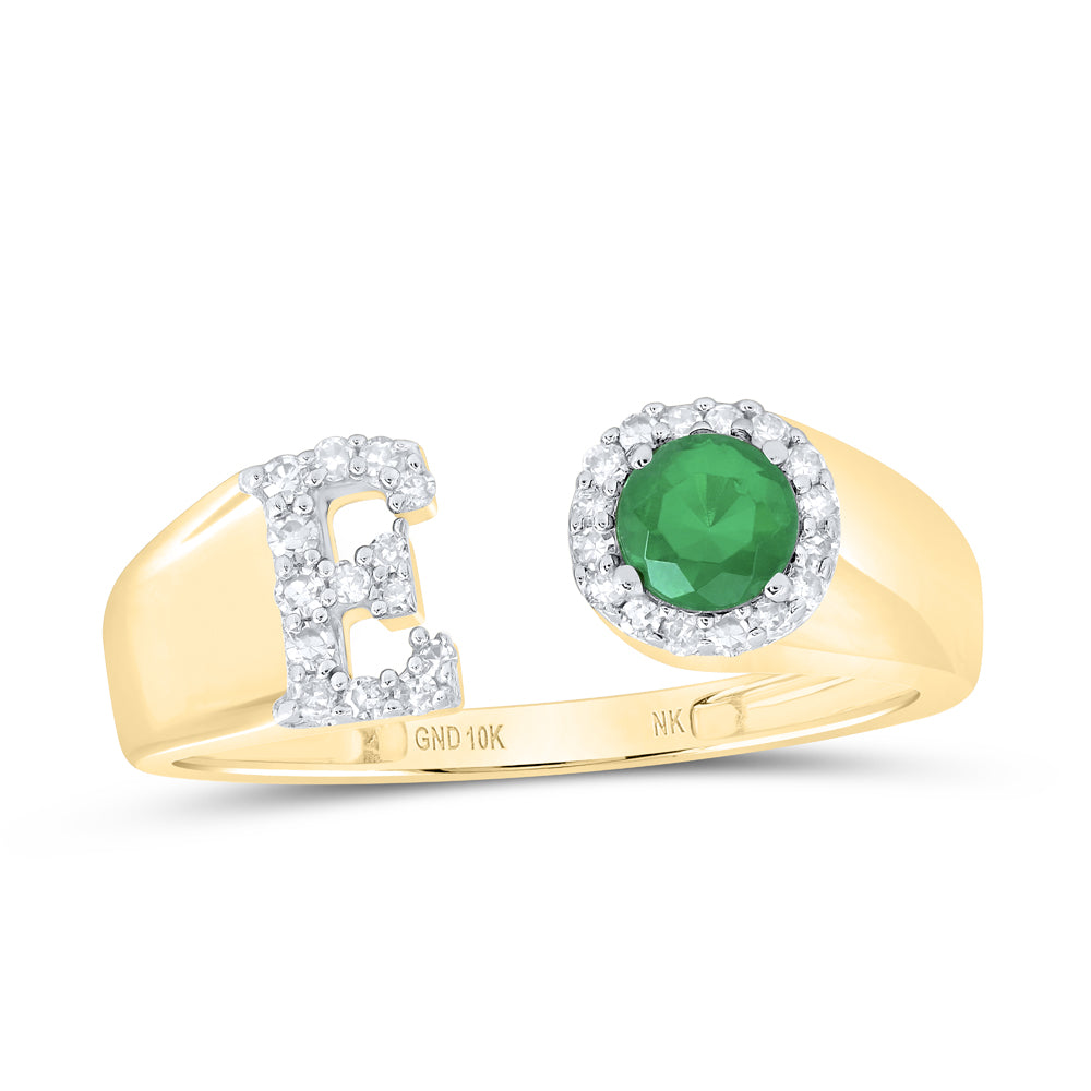 10kt Yellow Gold Natural Diamond 4 Mm Round Emerald Synthetic Initial Ladies Wedding Engagement Anniversary Ring