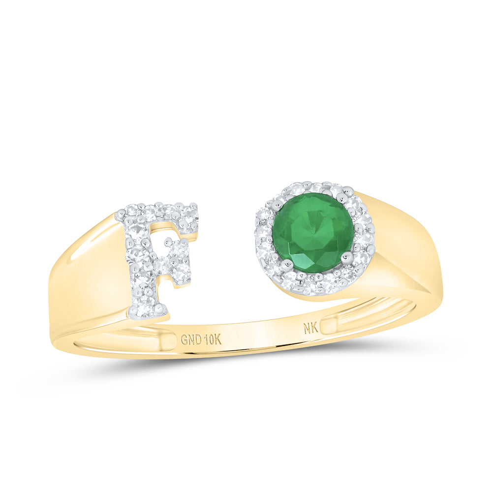 10kt Yellow Gold Natural Diamond 4 Mm Round Emerald Synthetic Initial Ladies Wedding Engagement Anniversary Ring