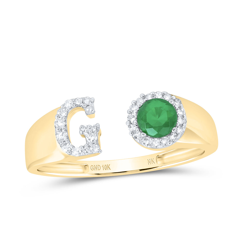 10kt Yellow Gold Natural Diamond 4 Mm Round Emerald Synthetic Initial Ladies Wedding Engagement Anniversary Ring