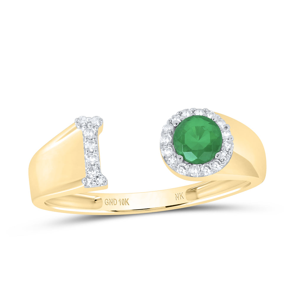 10kt Yellow Gold Natural Diamond 4 Mm Round Emerald Synthetic Initial Ladies Wedding Engagement Anniversary Ring