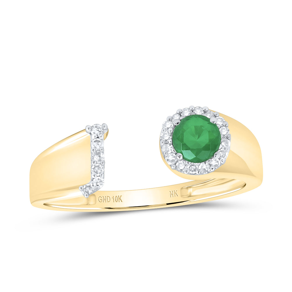 10kt Yellow Gold Natural Diamond 4 Mm Round Emerald Synthetic Initial Ladies Wedding Engagement Anniversary Ring