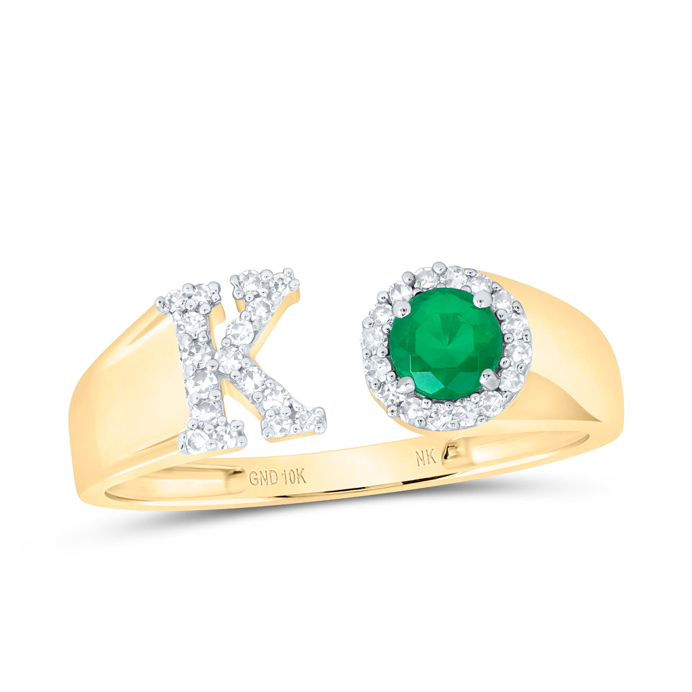 10kt Yellow Gold Natural Diamond 4 Mm Round Emerald Synthetic Initial Ladies Wedding Engagement Anniversary Ring