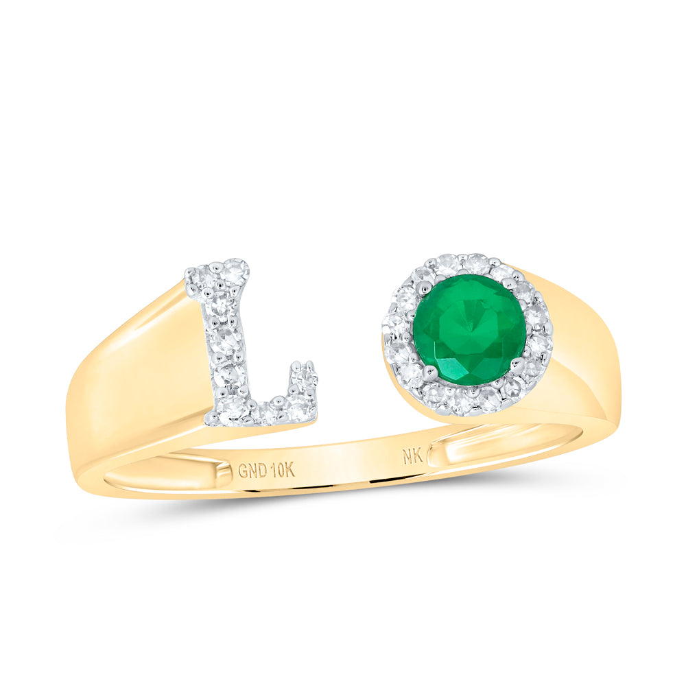 10kt Yellow Gold Natural Diamond 4 Mm Round Emerald Synthetic Initial Ladies Wedding Engagement Anniversary Ring