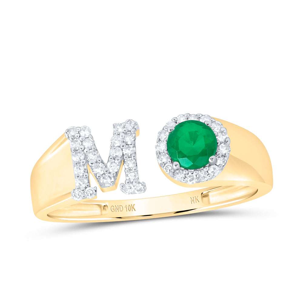 10kt Yellow Gold Natural Diamond 4 Mm Round Emerald Synthetic Initial Ladies Wedding Engagement Anniversary Ring