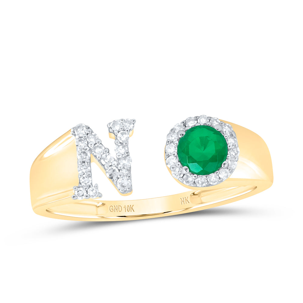 10kt Yellow Gold Natural Diamond 4 Mm Round Emerald Synthetic Initial Ladies Wedding Engagement Anniversary Ring