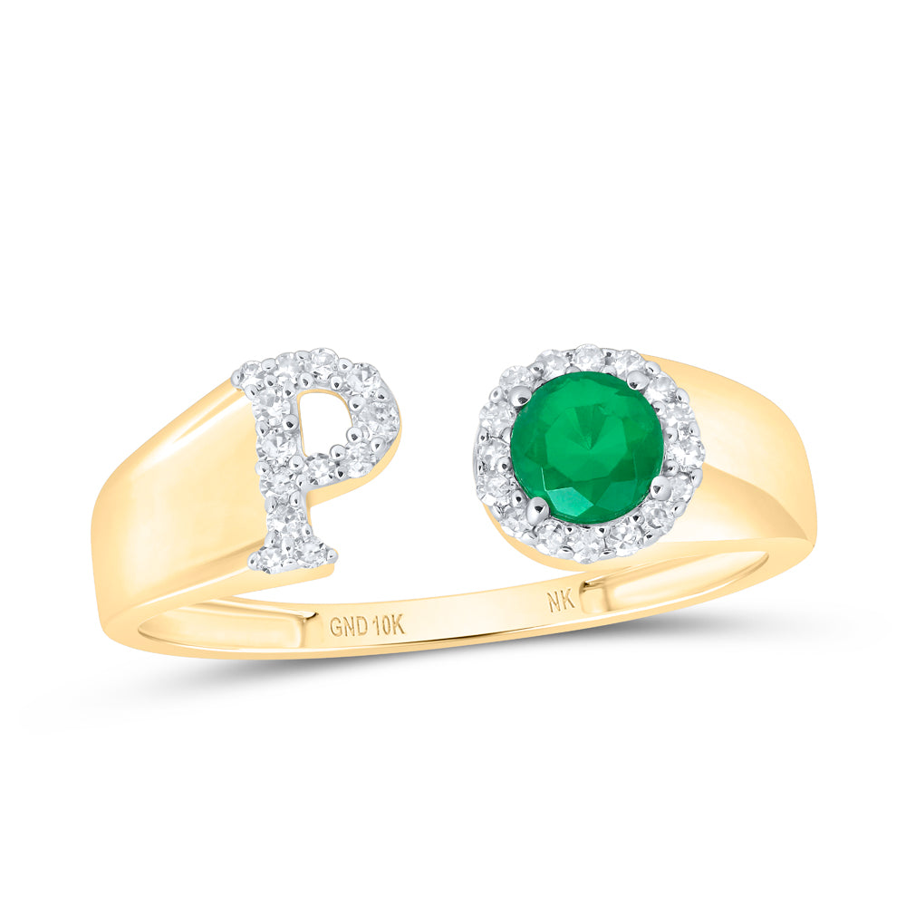 10kt Yellow Gold Natural Diamond 4 Mm Round Emerald Synthetic Initial Ladies Wedding Engagement Anniversary Ring