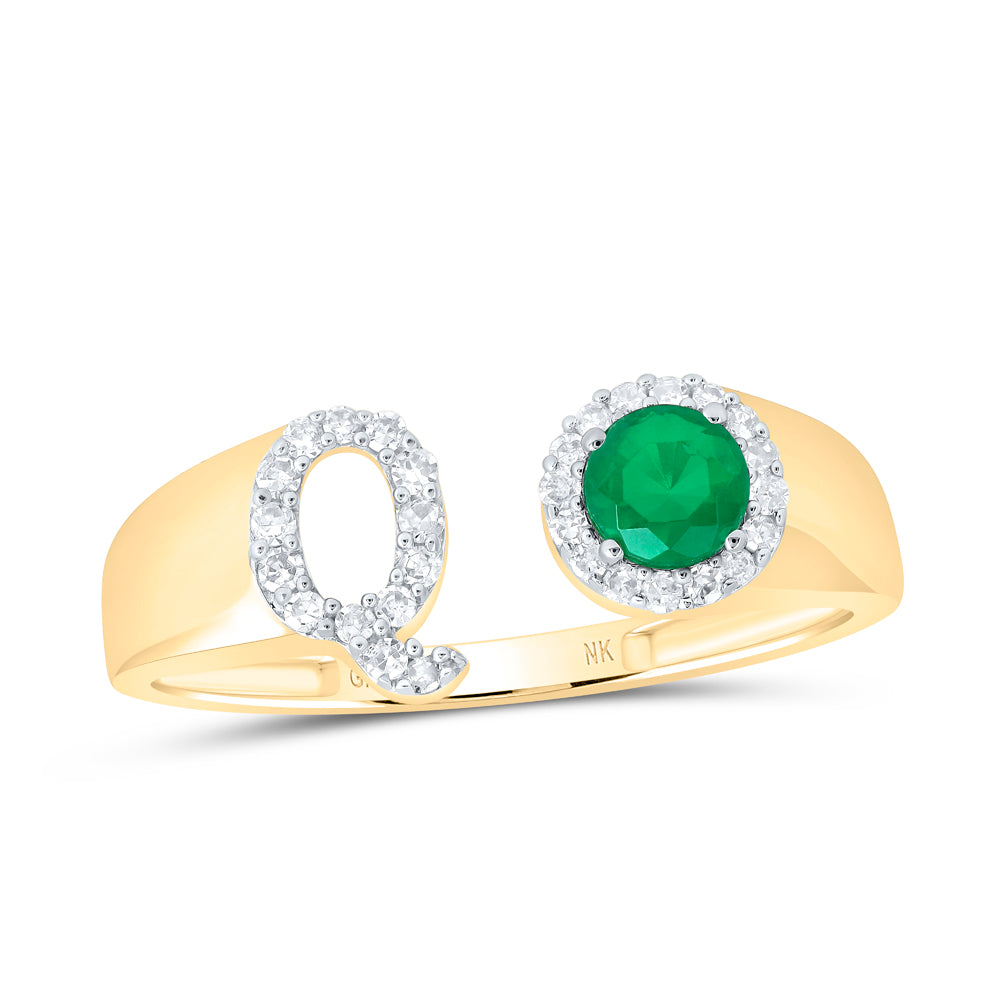 10kt Yellow Gold Natural Diamond 4 Mm Round Emerald Synthetic Initial Ladies Wedding Engagement Anniversary Ring