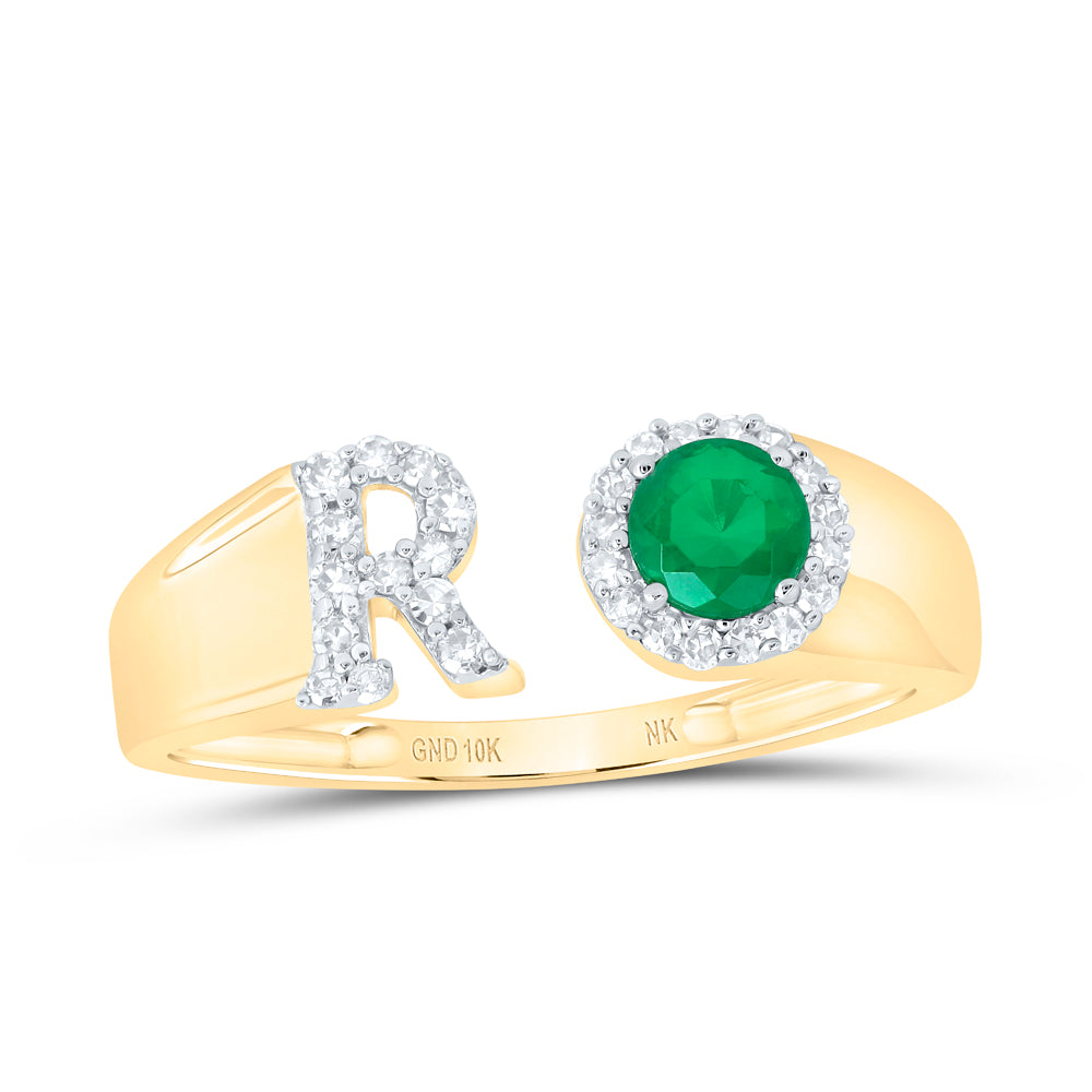 10kt Yellow Gold Natural Diamond 4 Mm Round Emerald Synthetic Initial Ladies Wedding Engagement Anniversary Ring