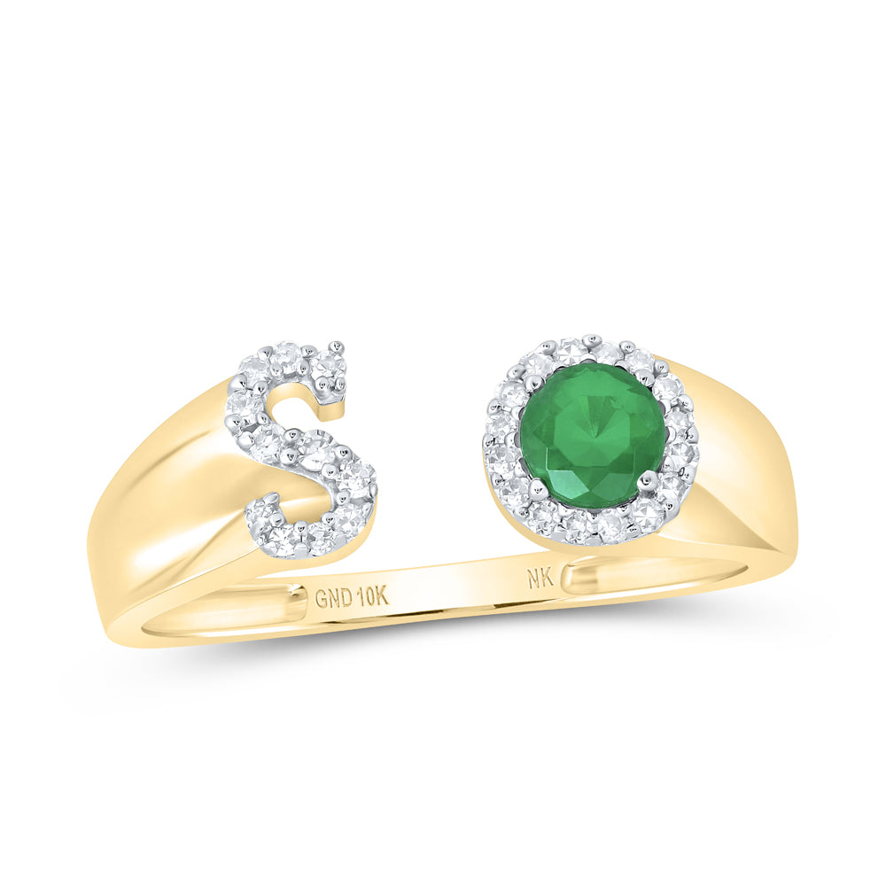 10kt Yellow Gold Natural Diamond 4 Mm Round Emerald Synthetic Initial Ladies Wedding Engagement Anniversary Ring