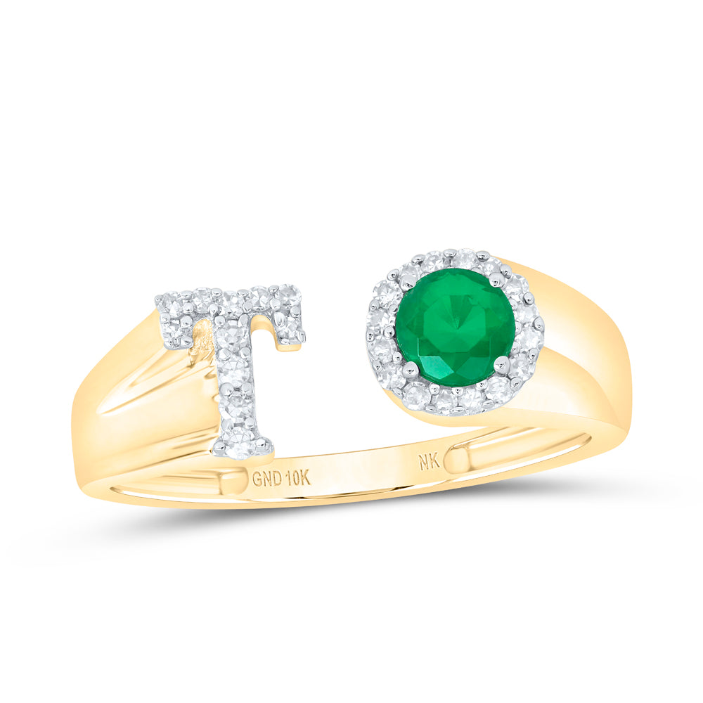 10kt Yellow Gold Natural Diamond 4 Mm Round Emerald Synthetic Initial Ladies Wedding Engagement Anniversary Ring