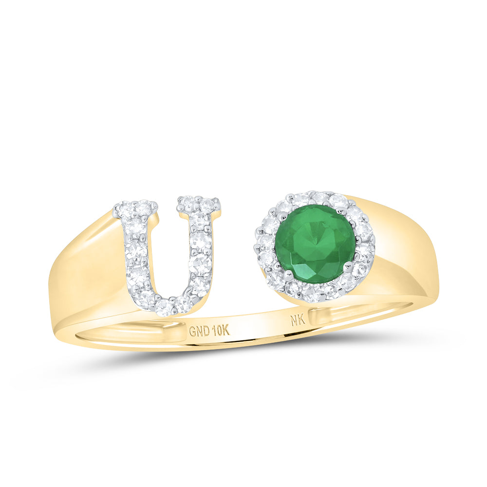 10kt Yellow Gold Natural Diamond 4 Mm Round Emerald Synthetic Initial Ladies Wedding Engagement Anniversary Ring