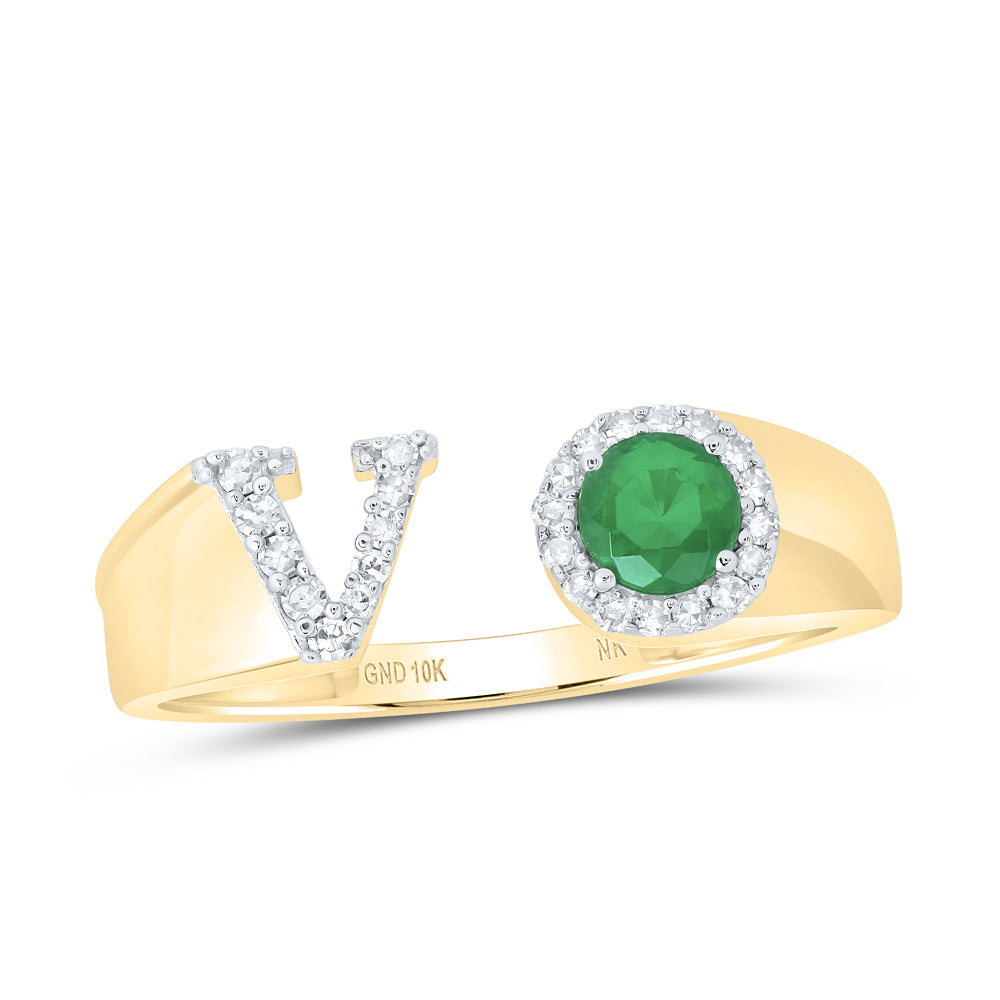10kt Yellow Gold Natural Diamond 4 Mm Round Emerald Synthetic Initial Ladies Wedding Engagement Anniversary Ring