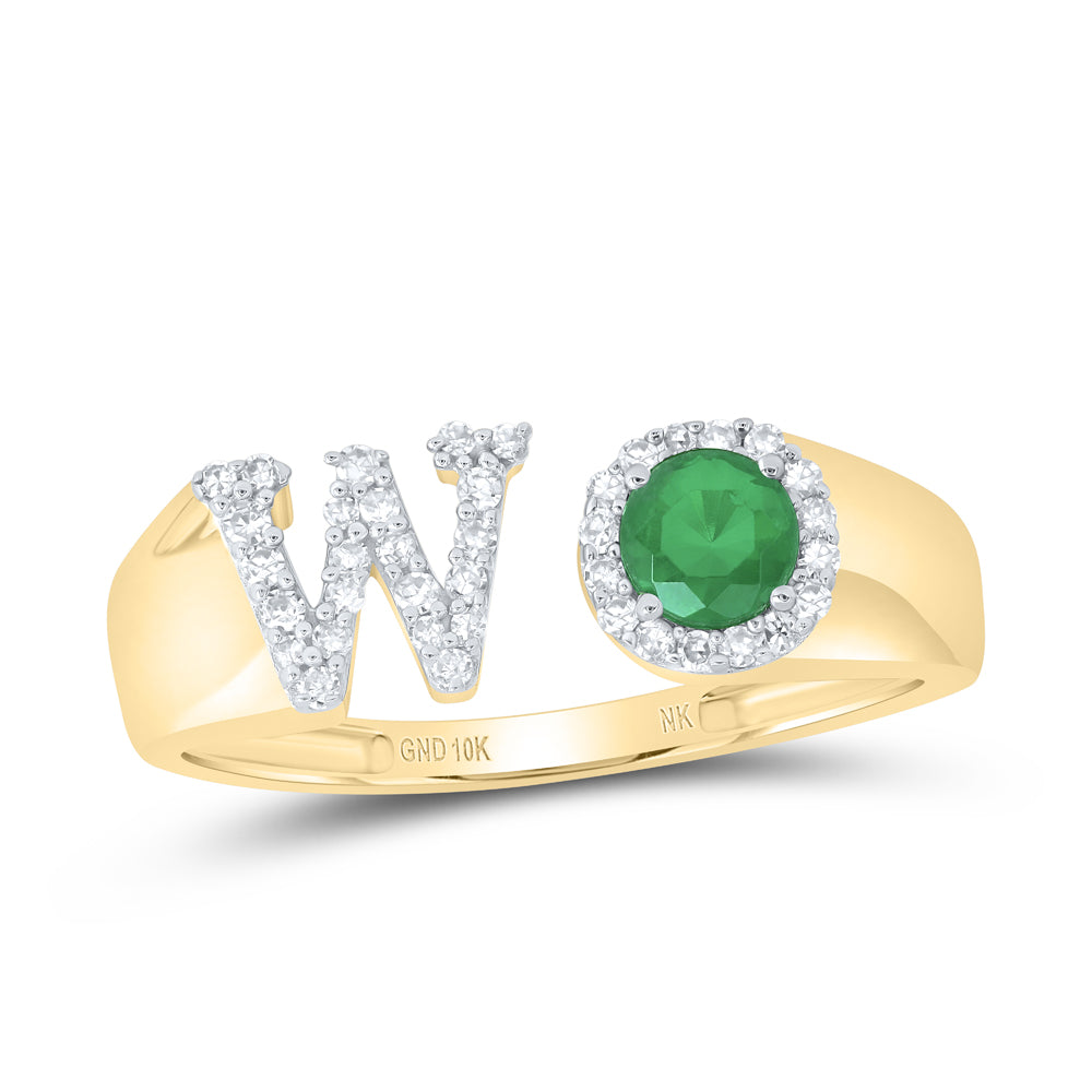 10kt Yellow Gold Natural Diamond 4 Mm Round Emerald Synthetic Initial Ladies Wedding Engagement Anniversary Ring