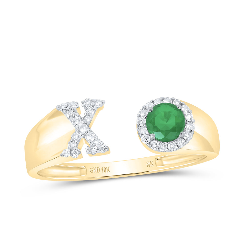 10kt Yellow Gold Natural Diamond 4 Mm Round Emerald Synthetic Initial Ladies Wedding Engagement Anniversary Ring