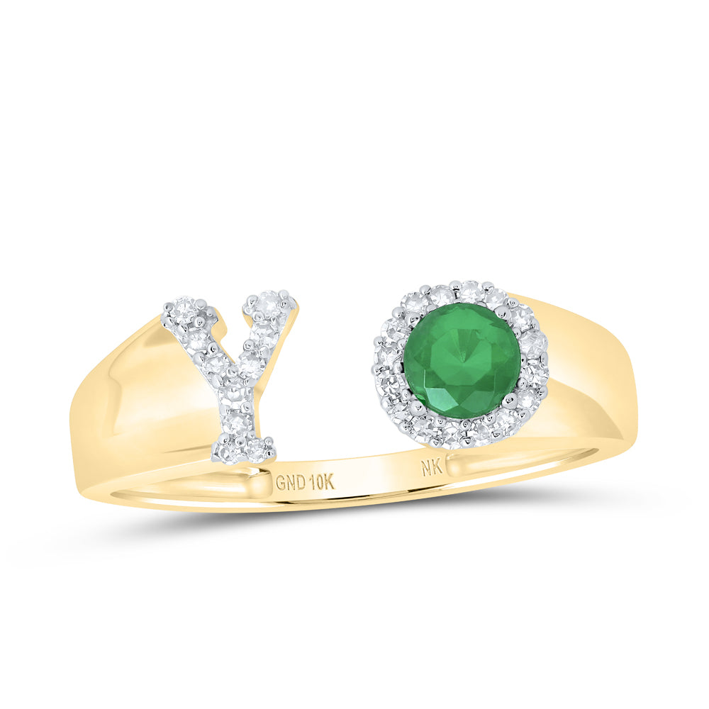10kt Yellow Gold Natural Diamond 4 Mm Round Emerald Synthetic Initial Ladies Wedding Engagement Anniversary Ring