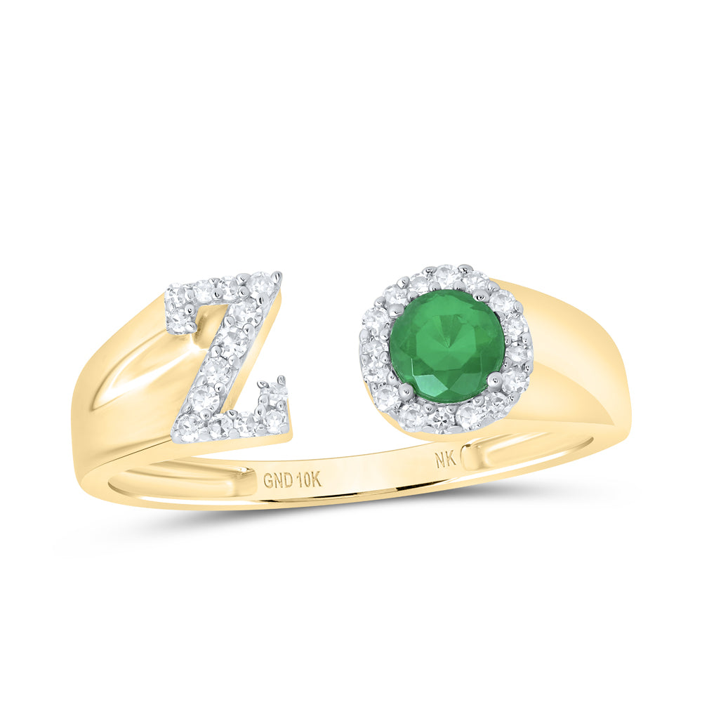 10kt Yellow Gold Natural Diamond 4 Mm Round Emerald Synthetic Initial Ladies Wedding Engagement Anniversary Ring