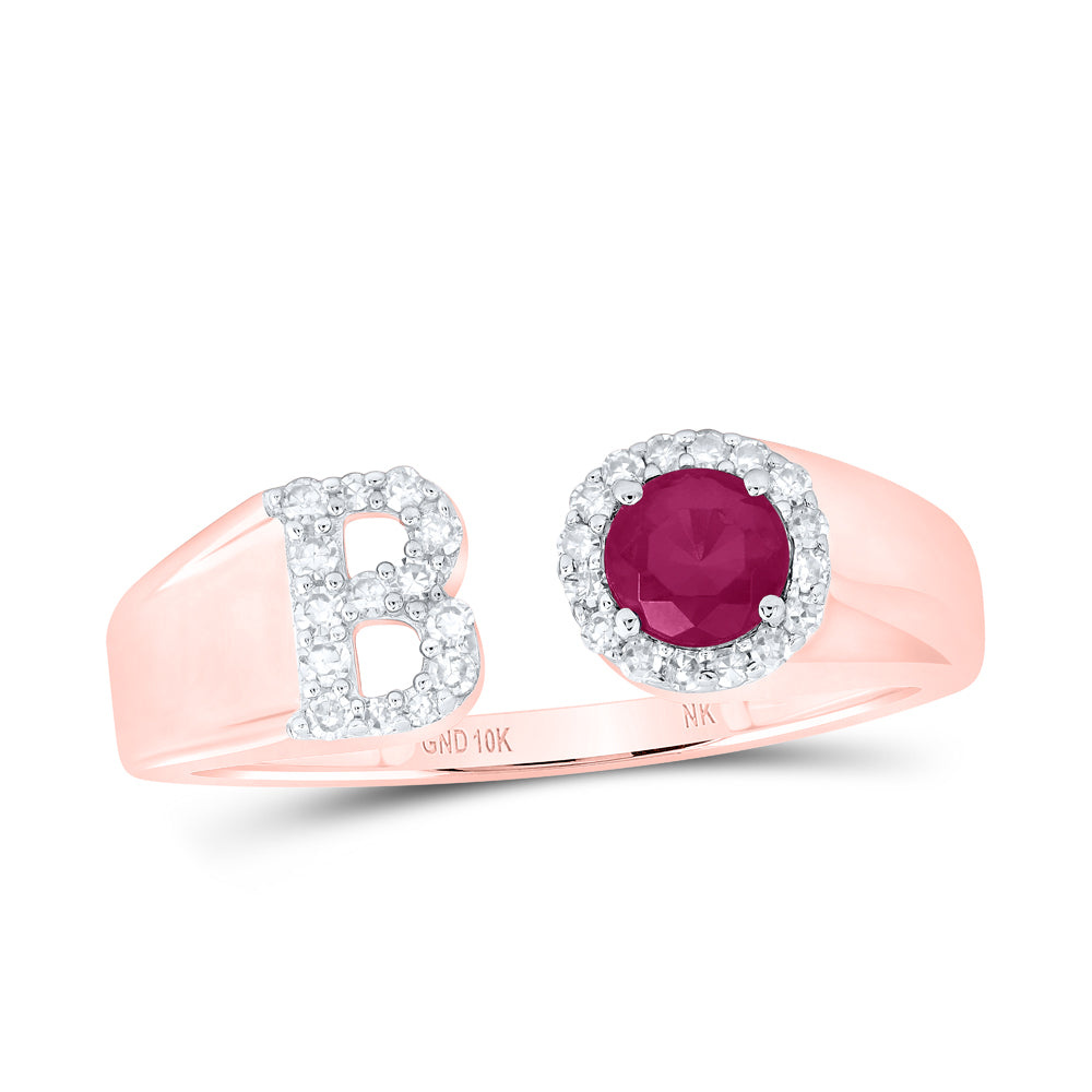 10kt Yellow Or Rose Gold Natural Diamond 4 Mm Round Ruby Synthetic Initial Ladies Wedding Engagement Anniversary Ring