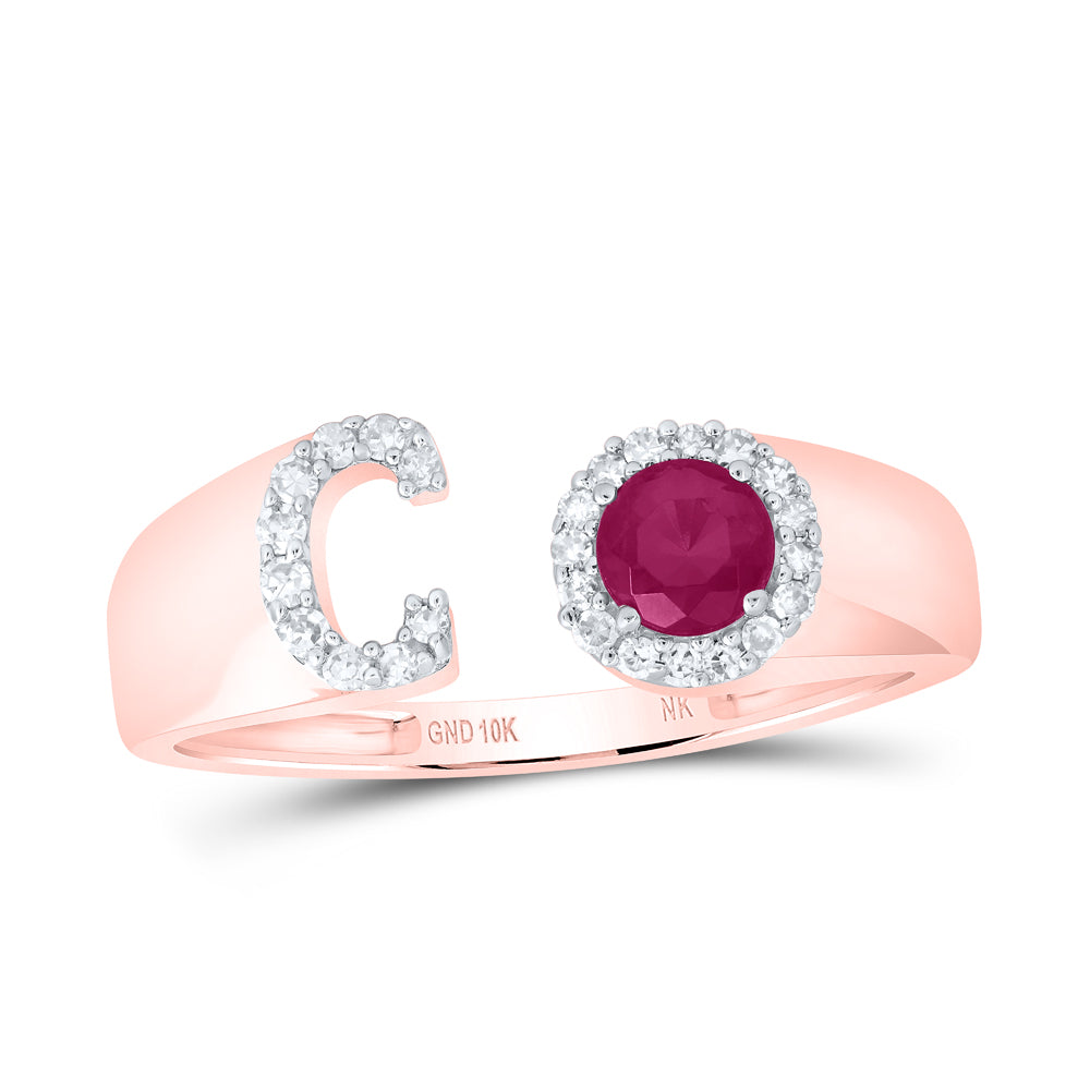 10kt Yellow Or Rose Gold Natural Diamond 4 Mm Round Ruby Synthetic Initial Ladies Wedding Engagement Anniversary Ring