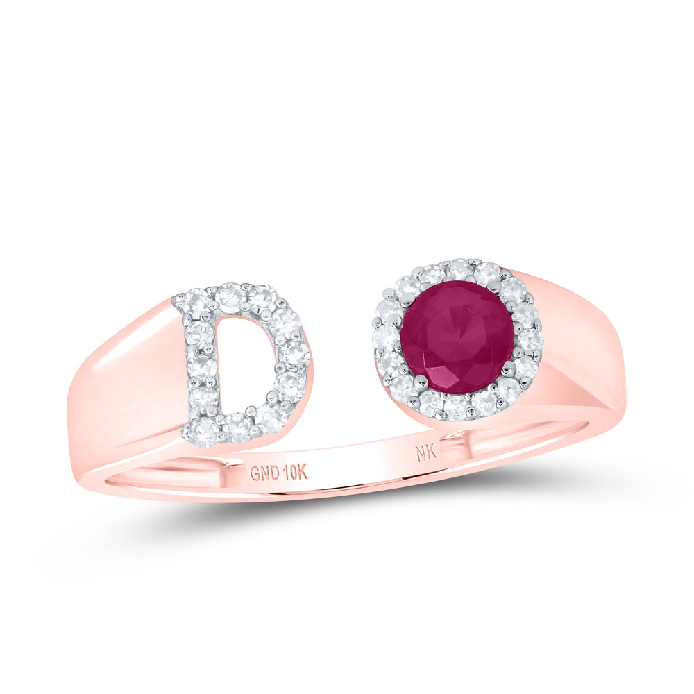 10kt Yellow Or Rose Gold Natural Diamond 4 Mm Round Ruby Synthetic Initial Ladies Wedding Engagement Anniversary Ring