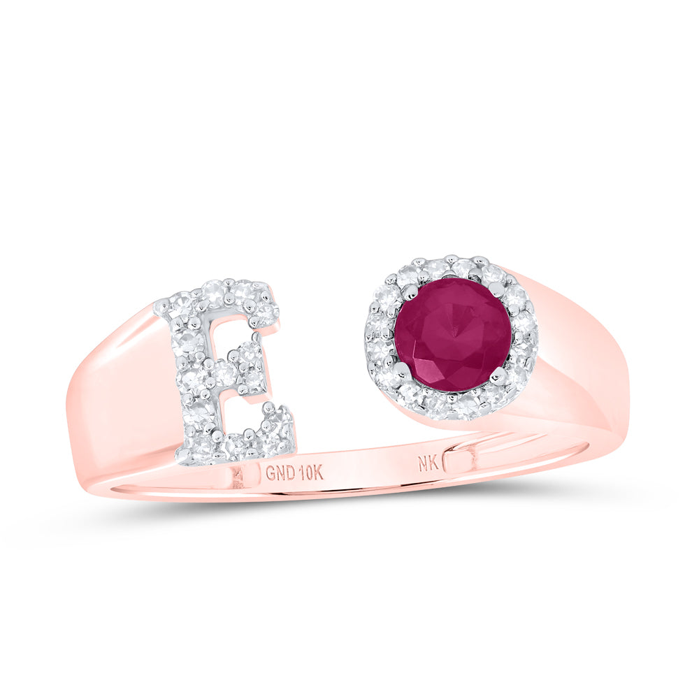 10kt Yellow Or Rose Gold Natural Diamond 4 Mm Round Ruby Synthetic Initial Ladies Wedding Engagement Anniversary Ring