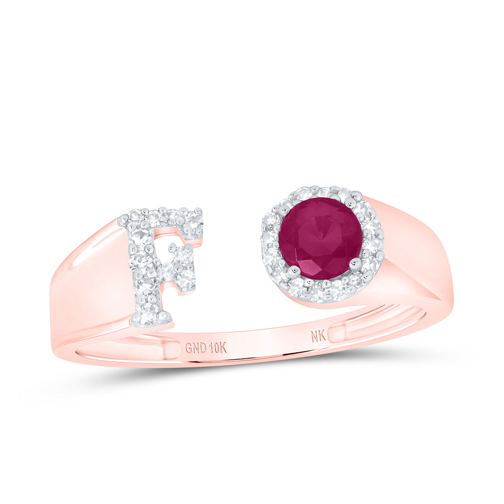 10kt Yellow Or Rose Gold Natural Diamond 4 Mm Round Ruby Synthetic Initial Ladies Wedding Engagement Anniversary Ring