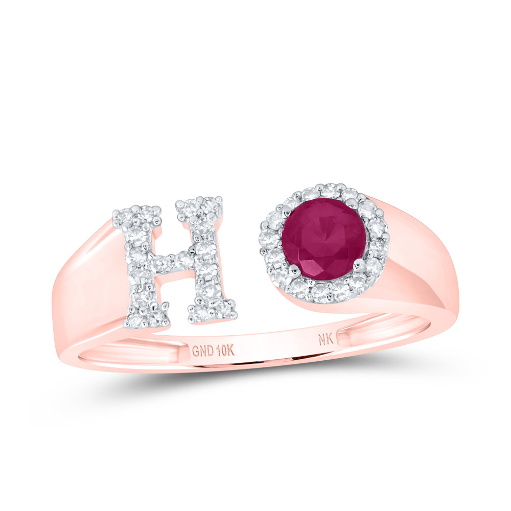10kt Yellow Or Rose Gold Natural Diamond 4 Mm Round Ruby Synthetic Initial Ladies Wedding Engagement Anniversary Ring