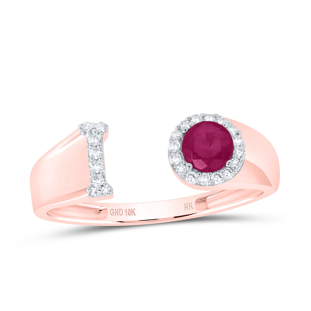 10kt Yellow Or Rose Gold Natural Diamond 4 Mm Round Ruby Synthetic Initial Ladies Wedding Engagement Anniversary Ring