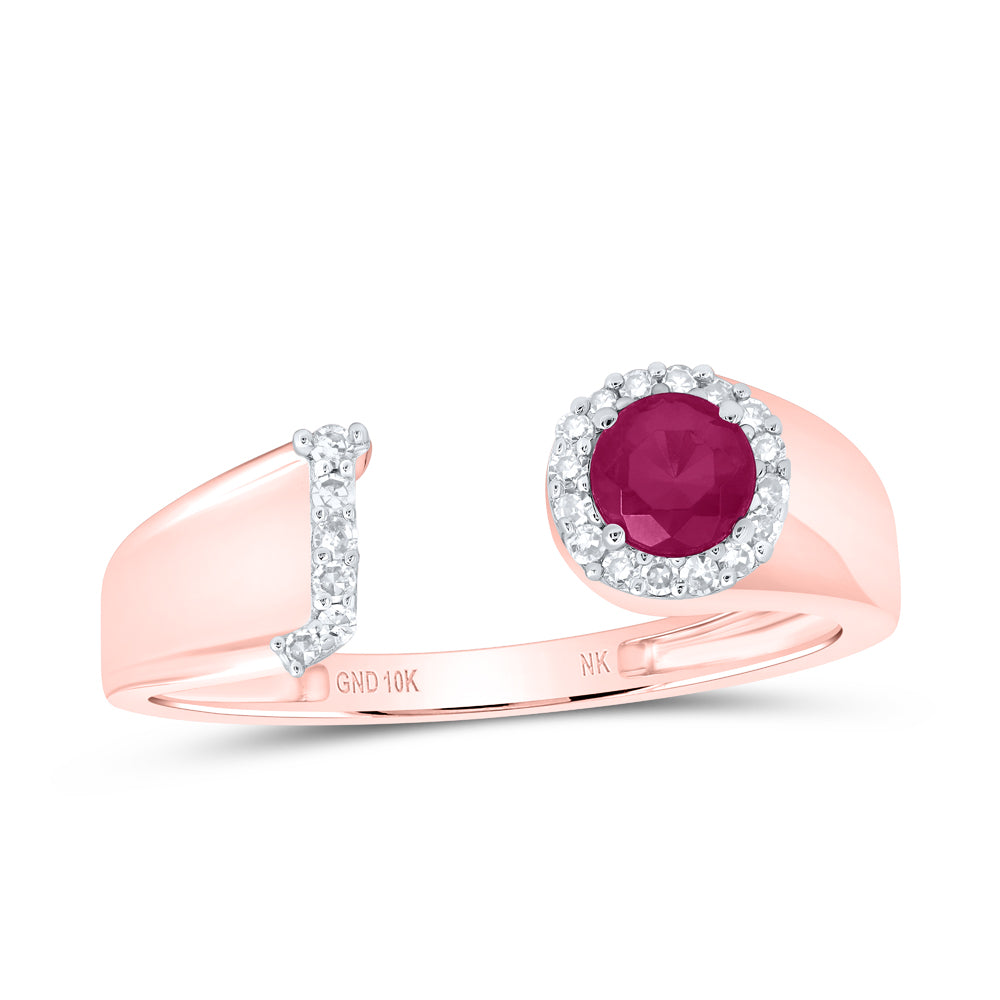 10kt Yellow Or Rose Gold Natural Diamond 4 Mm Round Ruby Synthetic Initial Ladies Wedding Engagement Anniversary Ring