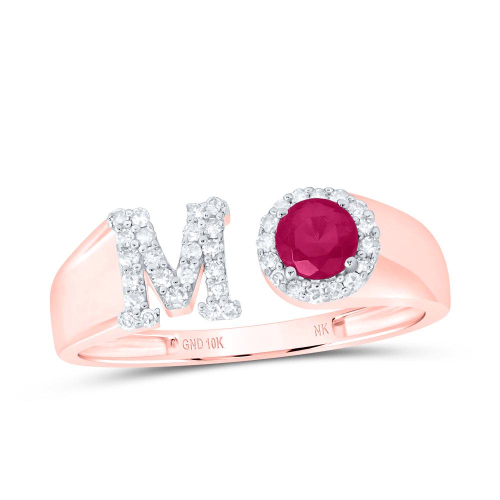 10kt Yellow Or Rose Gold Natural Diamond 4 Mm Round Ruby Synthetic Initial Ladies Wedding Engagement Anniversary Ring