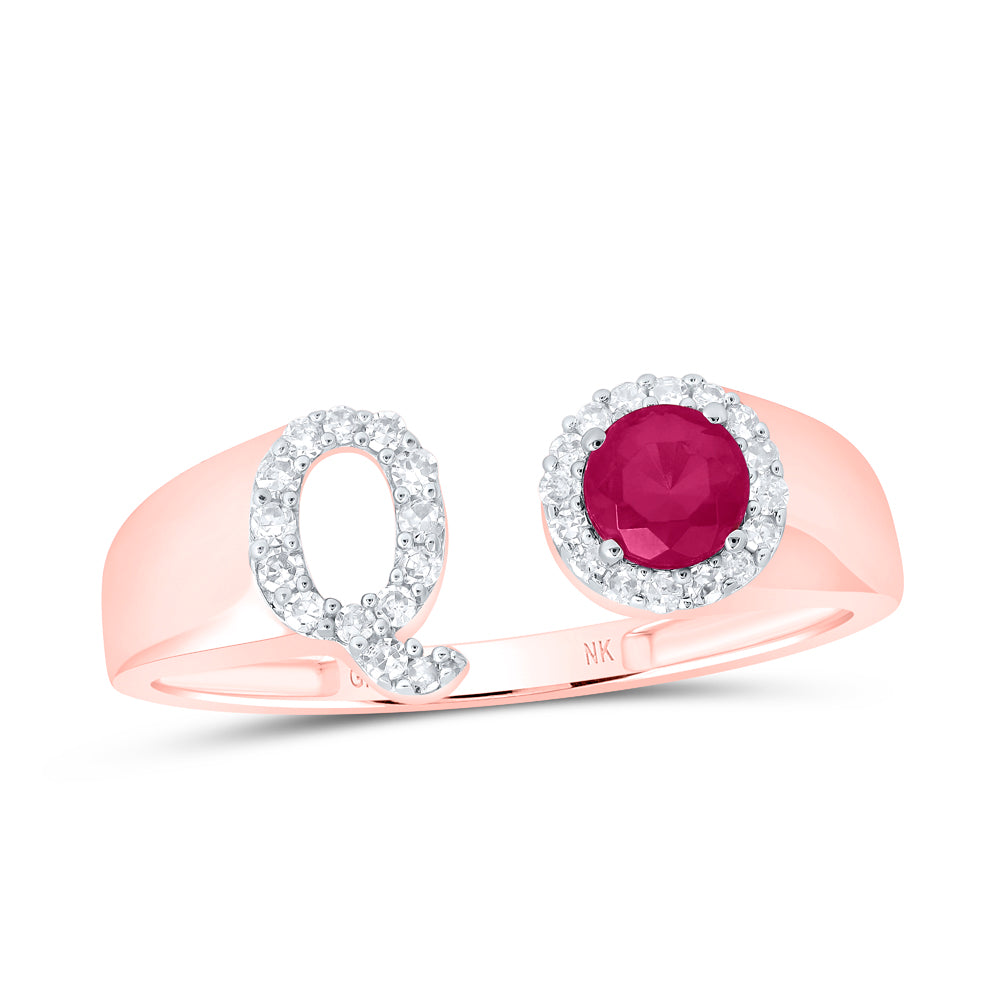10kt Yellow Or Rose Gold Natural Diamond 4 Mm Round Ruby Synthetic Initial Ladies Wedding Engagement Anniversary Ring