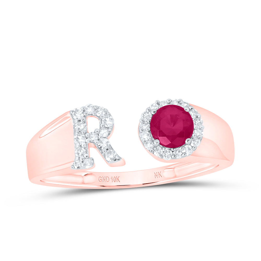 10kt Yellow Or Rose Gold Natural Diamond 4 Mm Round Ruby Synthetic Initial Ladies Wedding Engagement Anniversary Ring