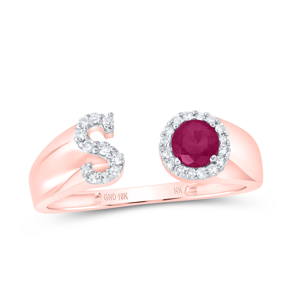 10kt Yellow Or Rose Gold Natural Diamond 4 Mm Round Ruby Synthetic Initial Ladies Wedding Engagement Anniversary Ring
