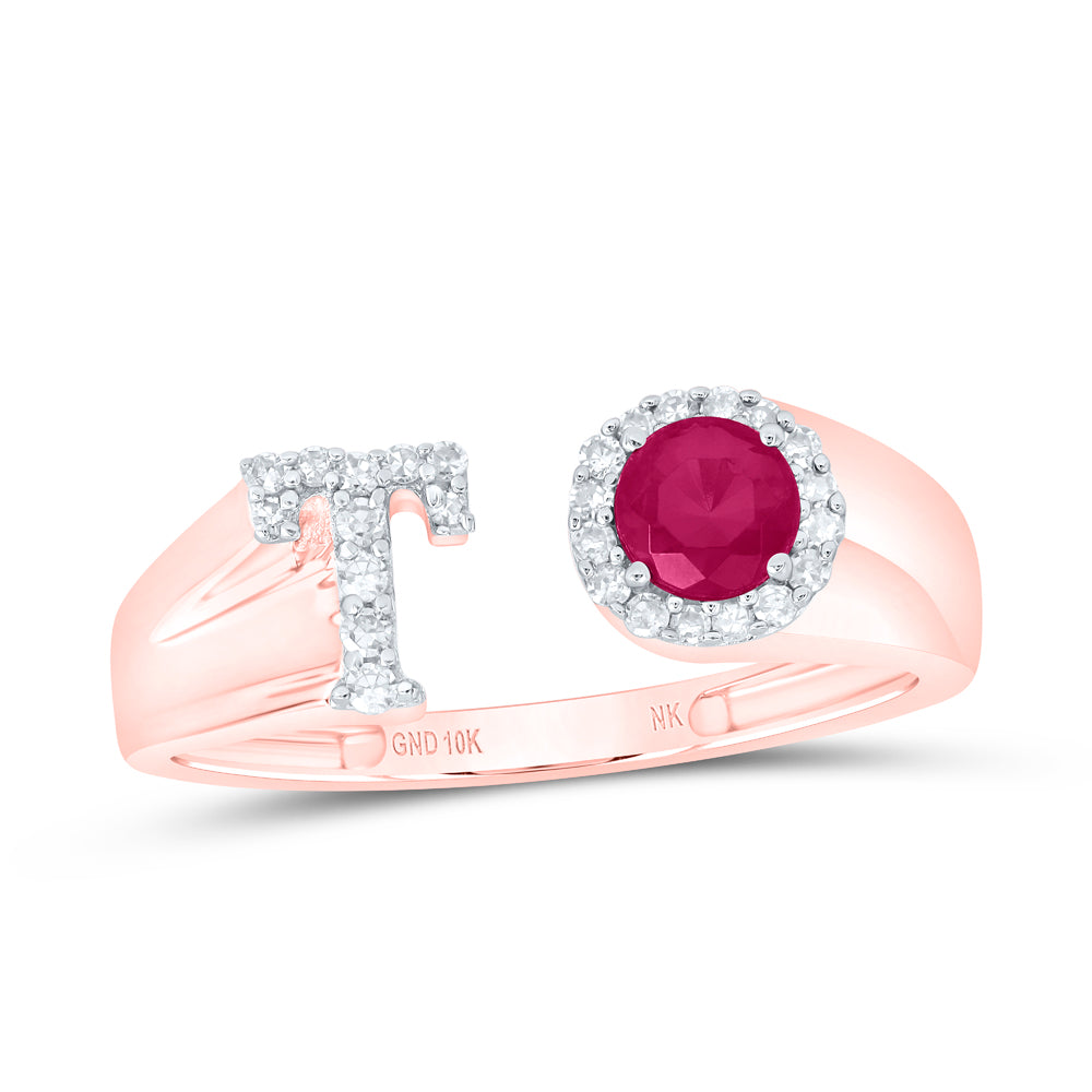 10kt Yellow Or Rose Gold Natural Diamond 4 Mm Round Ruby Synthetic Initial Ladies Wedding Engagement Anniversary Ring