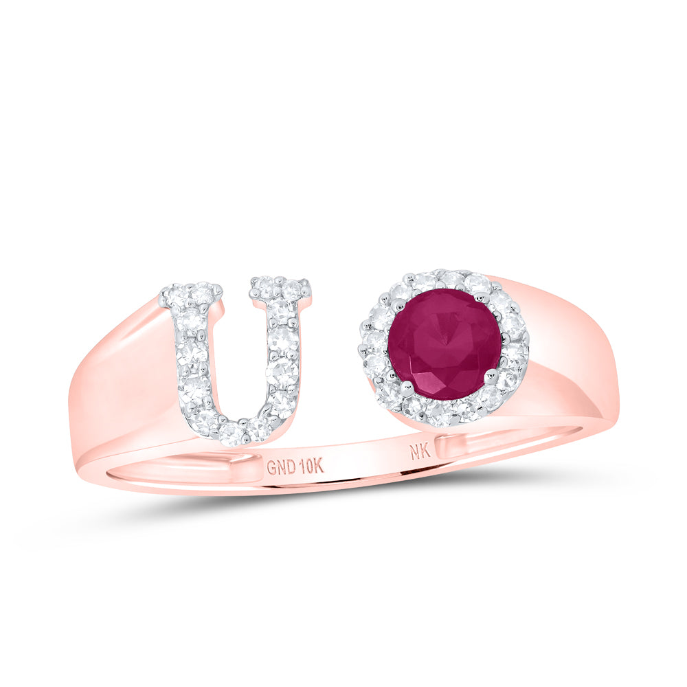 10kt Yellow Or Rose Gold Natural Diamond 4 Mm Round Ruby Synthetic Initial Ladies Wedding Engagement Anniversary Ring