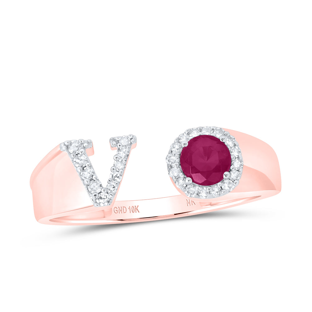 10kt Yellow Or Rose Gold Natural Diamond 4 Mm Round Ruby Synthetic Initial Ladies Wedding Engagement Anniversary Ring
