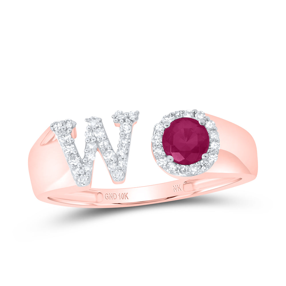 10kt Yellow Or Rose Gold Natural Diamond 4 Mm Round Ruby Synthetic Initial Ladies Wedding Engagement Anniversary Ring