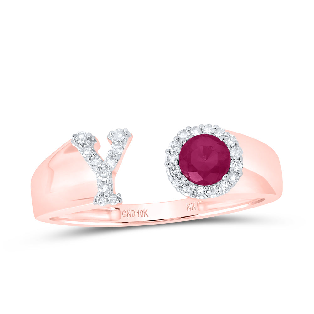 10kt Yellow Or Rose Gold Natural Diamond 4 Mm Round Ruby Synthetic Initial Ladies Wedding Engagement Anniversary Ring