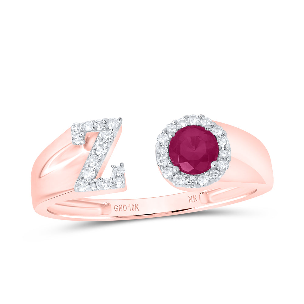 10kt Yellow Or Rose Gold Natural Diamond 4 Mm Round Ruby Synthetic Initial Ladies Wedding Engagement Anniversary Ring