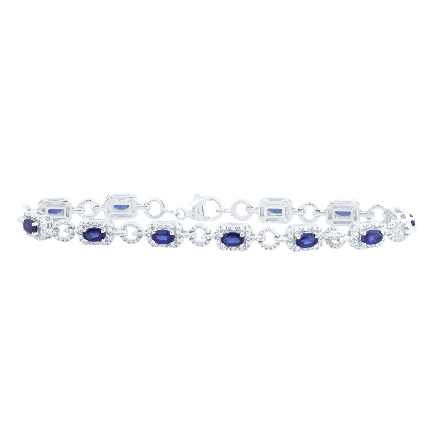 Sterling Silver 3/8 Cttw Natural Diamond 5x3 Mm Oval Blue Sapphire Synthetic Bracelet, Length: 7 Inch