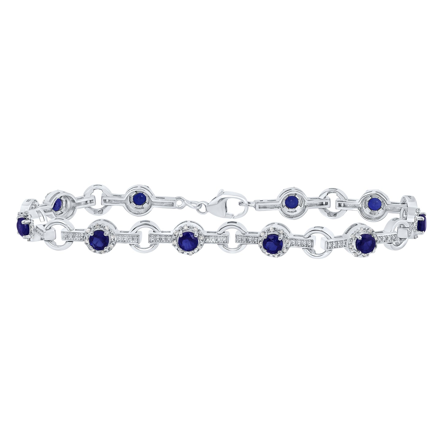 Sterling Silver 1/3 Cttw Natural Diamond 5 Mm Round Blue Sapphire Synthetic Bracelet, Length: 7 Inch